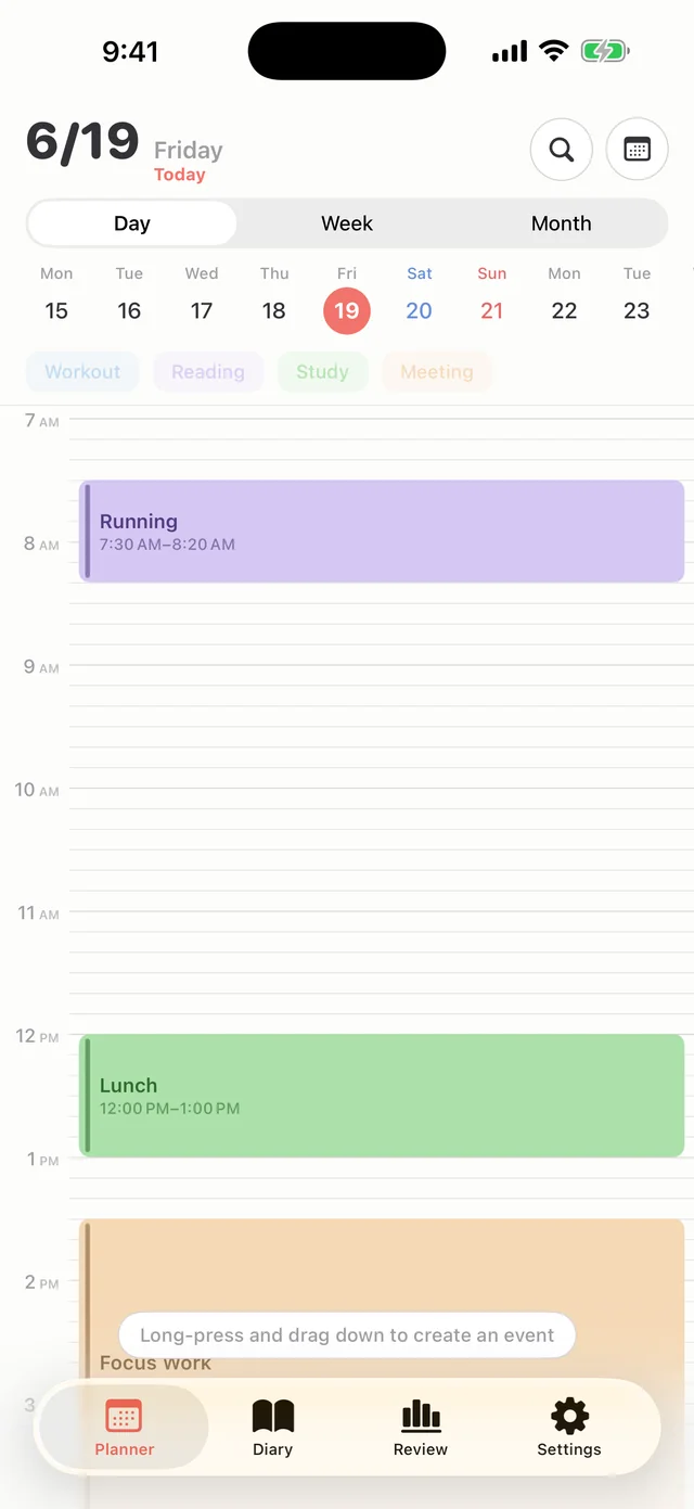 Hue Plan day timeline on iPhone with pastel blocks for each part of the day