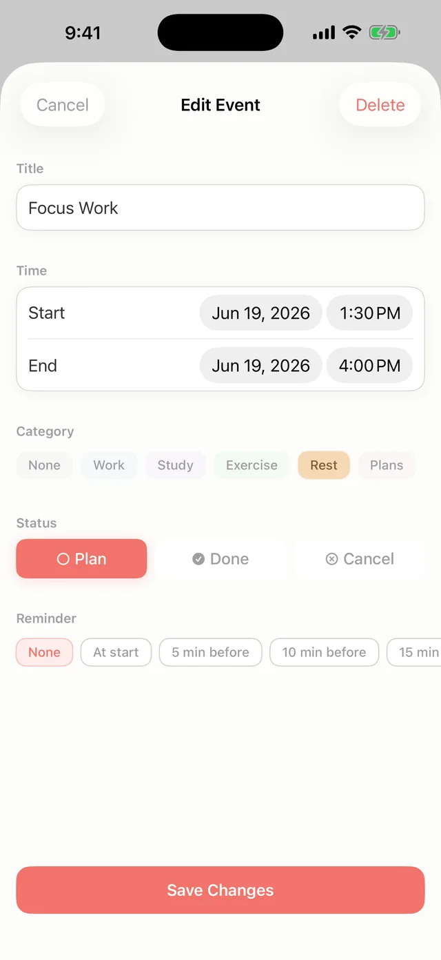 Hue Plan event detail and edit screen