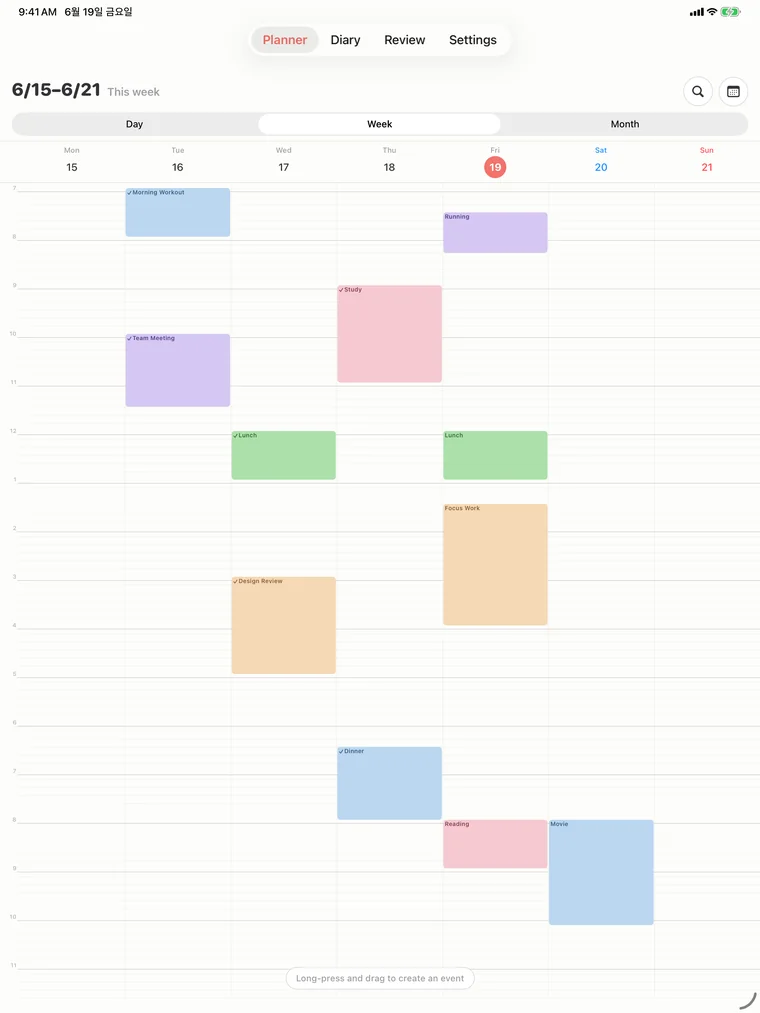 Hue Plan week timeline on iPad, with seven columns from Sunday to Saturday holding blocks such as a hospital visit, focus work, lunch, a project, English study, a meeting, running, groceries, and reading