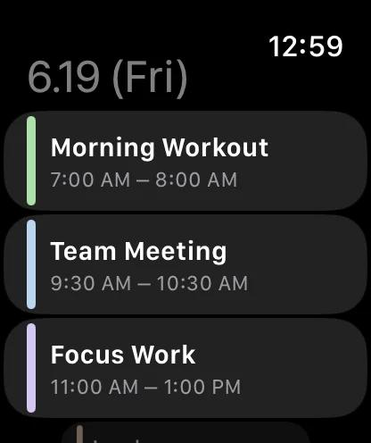 Hue Plan's today list on Apple Watch, showing Focus work, Lunch, and English study in time order with category color bars and a Now label on the current event