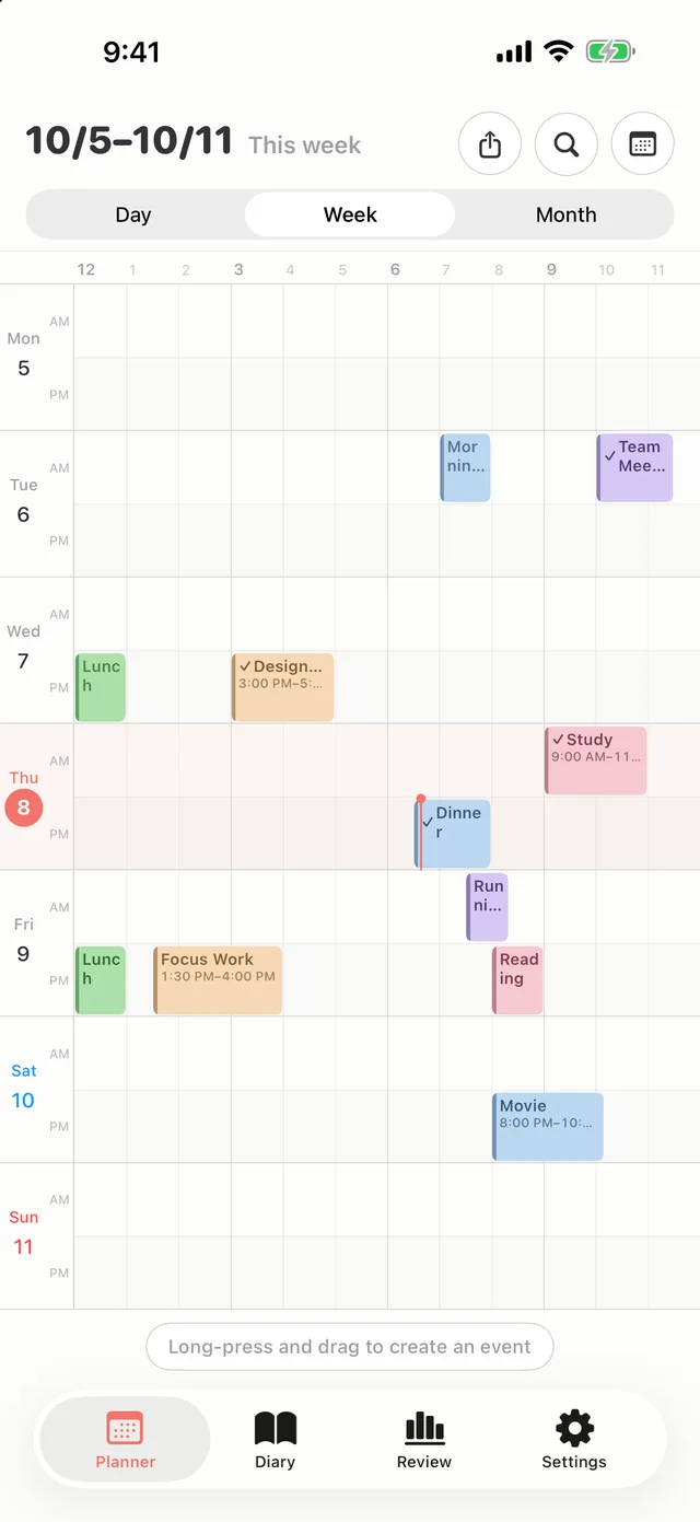 Hue Plan compact week grid on iPhone, with each weekday split into a morning row on top and an afternoon row below, showing a week of pastel color blocks