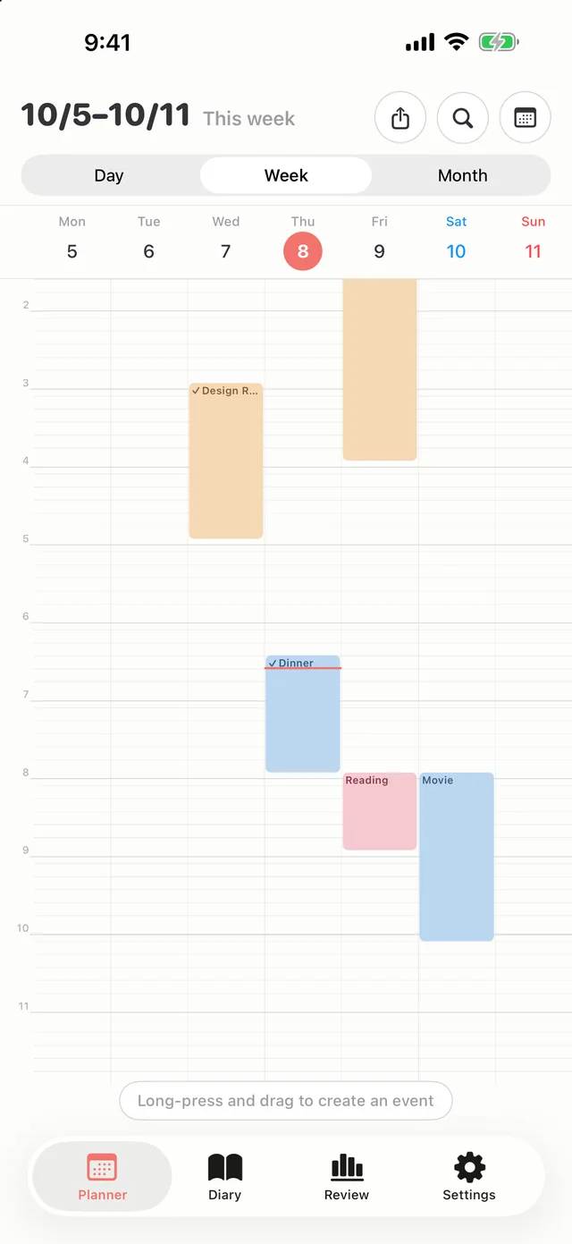 Hue Plan week view on iPhone: seven days of time blocks side by side on a timeline