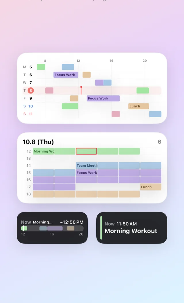Today flow and Next up widgets on an iPhone lock screen, with the This Week compact widget on the home screen