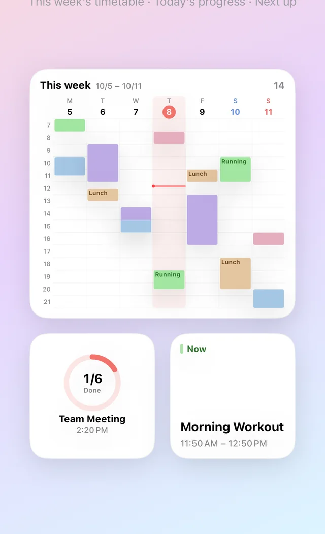 Four Hue Plan widgets on an iPhone home screen: This Week timetable, Today progress, Today grid, and Next up