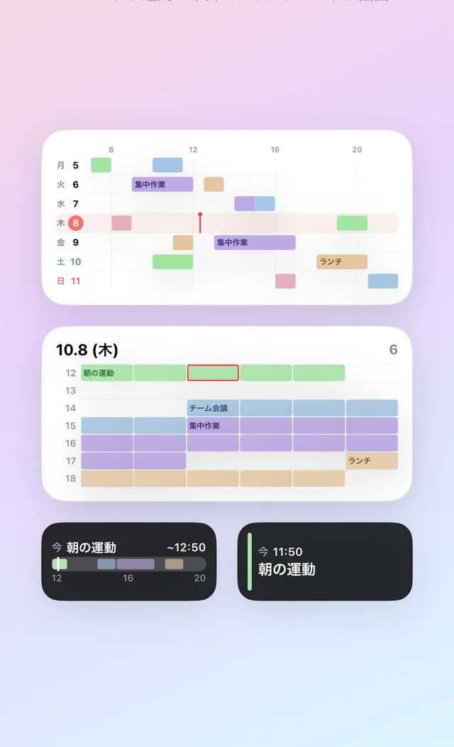 iPhoneのロック画面の「今日の流れ」「次の予定」ウィジェットと、ホーム画面の「今週のコンパクト」ウィジェット